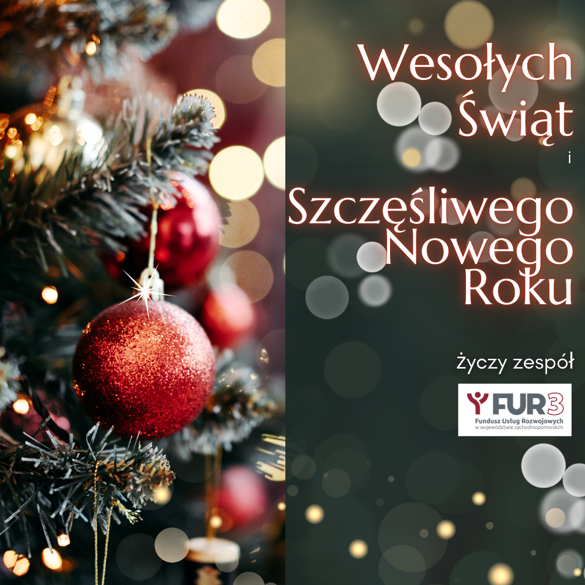 Na zdjęciu widać choinkę z czerwoną bombką oraz życzenia świąteczne: Wesołych świąt i Szczęśliwego Roku życzy zespół FUR3.
