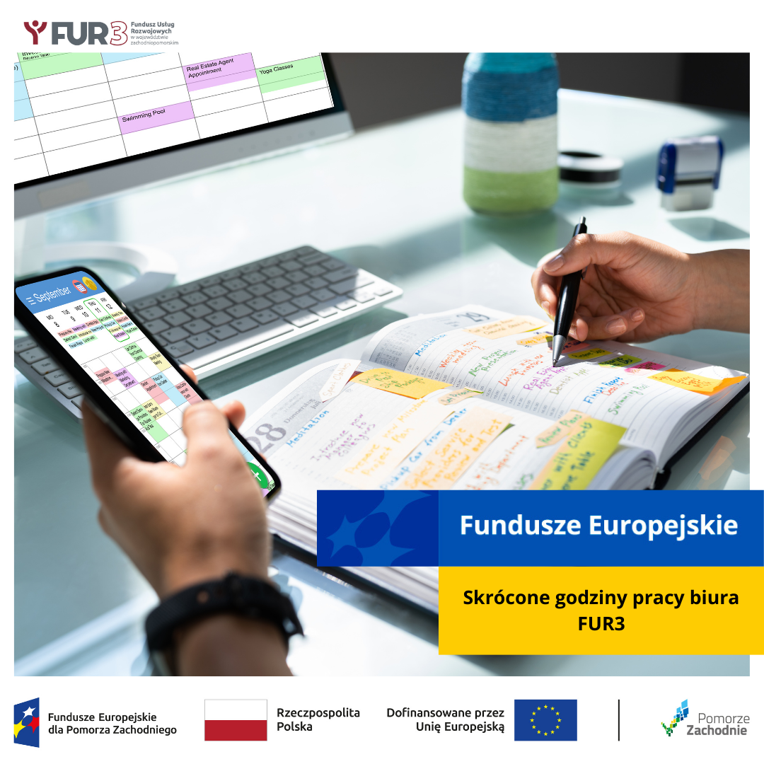 Zdjęcie przedstawia 5 kciuków uniesionych w  górę. Logotypy: Fundusze Europejskie  dla Pomorza Zachodniego, Barwy Rzeczpospolitej Polskiej, informacja o Dofinansowaniu przez Unię Europejską wraz z Flagą Unii Europejskiej, pionowa czarna linia oddzielająca, logo Pomorze Zachodnie. Znak Fundusze Europejskie oraz informacja - Przerwa w funkcjonowaniu biura projektu FUR3.